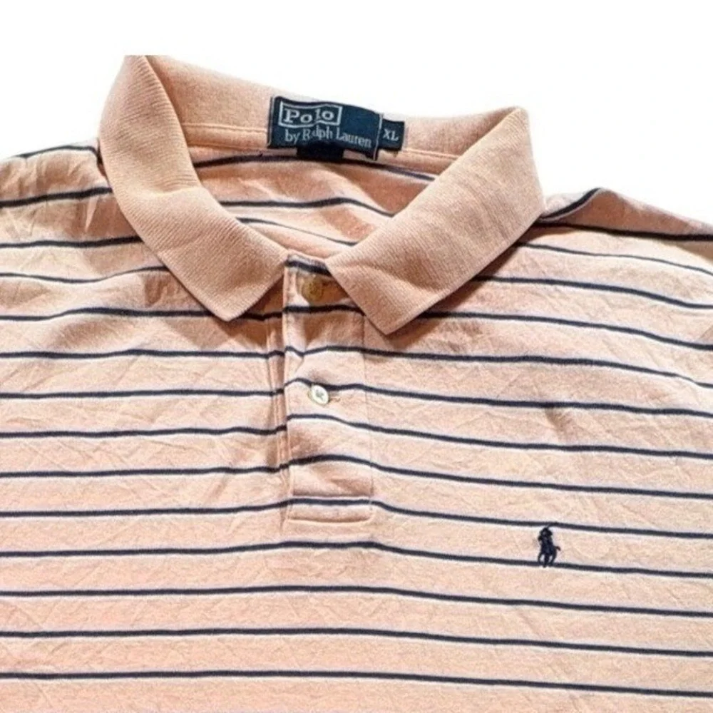 Polo Ralph Lauren Polo Shirt Mens XL Pink Navy Blue Striped Cotton Short Sleeve